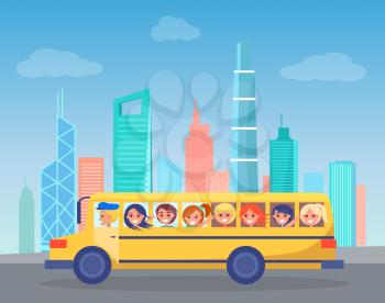 School bus full of children drives through big industrial city. Yellow school bus comes by high skyscrapers in downtowm cartoon vector illustration.