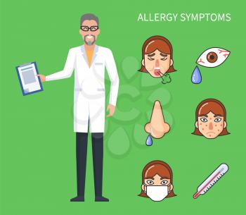 Allergy symptoms poster, cough and rhinitis with high temperature and headache. . Seasonal flu symptoms vector poster with doctor and fever symbols