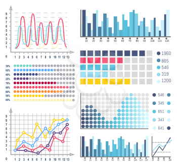 Data visual representation of business results vector. Flowcharts and graphics, schemes with scales curves in different colors. Visualize information