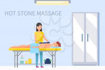 Hot stone massage technique on male back. Masseuse helping man to relax and relieve pain in body. Aroma therapy with candles and relaxation vector