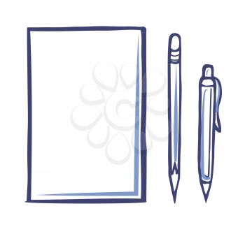 Office paper icon and sharp pencil with pen isolated vector icons. Document blank, empty file for notes, template of letter or document in sketch style
