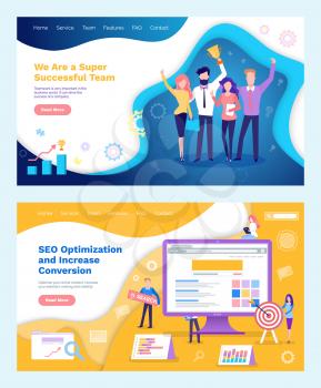 Seo optimization increase of conversion  successful team holding award vector. Teamwork and price, screen with data, developers  working on computer