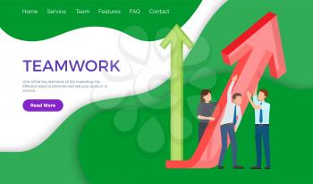 Teamwork web page template coworkers holding big arrow pointing on top vector teambuilding concept. Men and woman in suits achieving growth of company