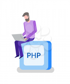 PHP button, programming or coding, man programmer with laptop. Online work, Internet digital technologies, coding language, developer vector illustration