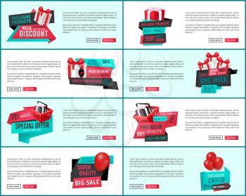 Exclusive discount, mega sale special offer web pages vector. Super quality of products, premium goods 50 percent lower. Best choice of customers