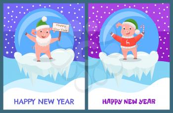 Happy New Year, pig in glass ball winter toy vector. Snowing weather and animal symbol of holidays. Piglet holding candy stick, sweets wearing sweater