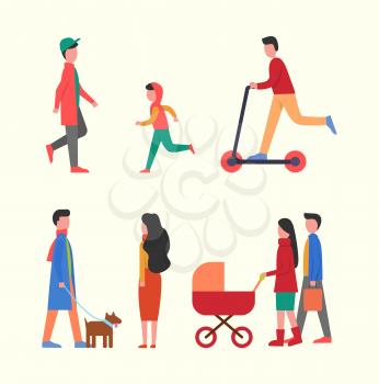 People walking together with pram, family strolls with perambulator vector. Teenager and child jogging, workout of kid. Man and woman walking dog