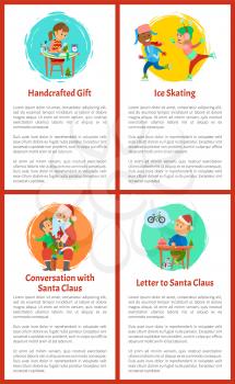 Letter to Santa Claus, handicraft presents poster vector. Conversation with winter character, boy making wish. Children figure skating on ice rink
