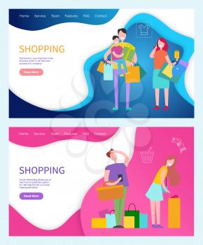 Shopping happy successful family parents and kids, packages and tired man and woman. Vector line art icons cart and cash signs, web page template with info