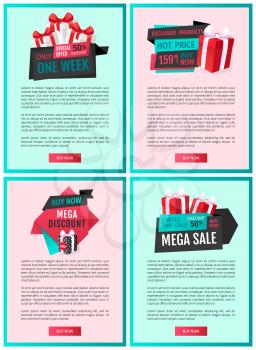 Exclusive products sellout up 50 percent reduction of price, discount label with presents web page template vector. Premium gifts and special offers