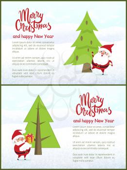 Merry Christmas and Happy New Year greeting card with Santa Claus having fun near Xmas tree. Old grandfather in red costume going to give present, vector