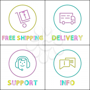 Delivery and shipping information support minimalistic framed icons set in linear style with cuyline on white backdrop. Glyph for e-commerce or retail.