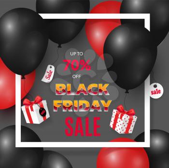 Black Friday poster with deals and new offers vector. Discount and banner with text, 70 percent reduction of price, presents and balloons sellout