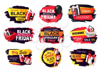 Discount and offer on black friday autumn holiday vector. Banners with presents boxes and gifts, balloon and basket with bought items. Price reduction