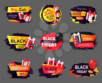 Big offer on black friday only today special proposition vector. Banners with presents and balloon , shopping with coupons and discounts, shops sellout