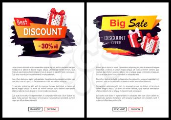 Present in box wrapped in paper on web poster with text. Banner with special prices and sale. Best Black Friday promos and sellouts of shops vector
