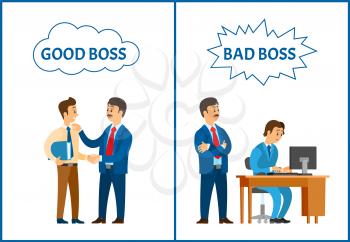 Good and bad boss, director treating to office workers vector. Businessman supervising novice working by personal computer and praising man with file