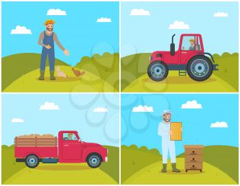 Beekeeper on field and lorry. Chicken feeding, man tending hens poultry on farm. Tractor and van with trailer and potatoes harvested veggies vector