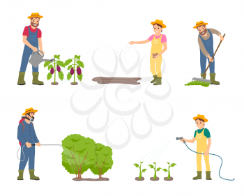Farming people with sprayer isolated icons vector. Man watering aubergines, woman with hose and plants. Male spraying bushes, raking compost on soil