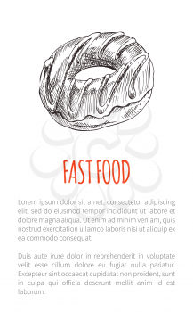 Fast food chocolate donut with cream topping. Monochrome sketch outline poster and text sample. Sugary tasty dessert in caramel takeaway meal vector