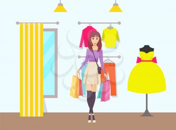 Female shopaholic with bags walking away from store vector. Purchased items in container, shop with changing room and clothes. Dress and sweater pants
