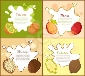 Kiwano and mango, marang and cupuacu posters set with editable text sample. Healthy organic tropical fruits. Nutritious exotic fresh products vector
