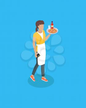 Waitress wearing apron and carrying tray with glass bottle and meal. Payment device and clients order. Service of restaurant woman isolated on vector