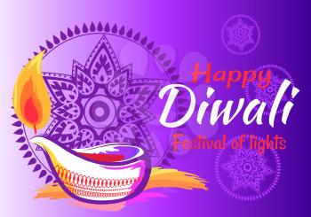 Happy Diwali festival of lights 2018 banner with decorative patterns and mandala. Vector illustration with festive candle on bright purple background