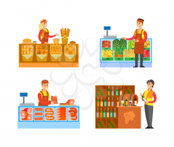 Supermarket stores butchers department with meat and steaks and fruits shop vector. Bakery and winery production, sommelier with wine alcoholic drinks