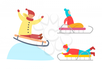 Children sledding down snowy ice slopes vector. Winter activities of kid on vacation, kid wearing warm coat and hat going downhill wintertime fun
