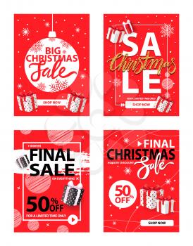 Big Christmas holiday sale, winter discounts set vector. Reduction of goods cost, 50 percent  lowering on presents and gifts  with bows ribbon decoration