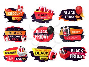 Discount and offer on black friday autumn holiday vector. Banners with presents boxes and gifts, balloon and basket with bought items. Price reduction