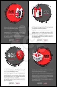Black Friday 30 percent discounts web pages set vector. Sellout of shops and stores, clearance of markets. Shopping basket with presents boxes gifts