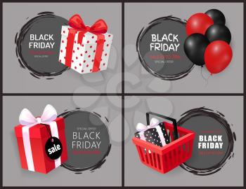 Black friday discount and sales isolated banners set vector. Sellout of shops, autumn clearance, proposition to customers. Balloon  and presents boxes