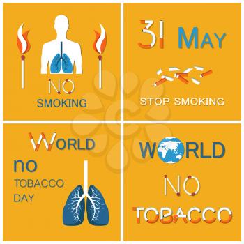 World no tobacco day colorful vector human body icon with blue lungs, stop smoking all over globe. Banner st with broken cigars and burning matches