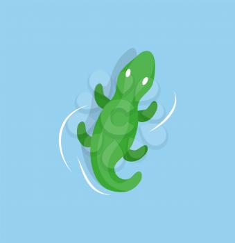 Inflatable crocodile in sea waters isolated cartoon toy. Vector green reptile nautical safety aid. Rubber animal lifebuoy or lifesaver, swimming equipment
