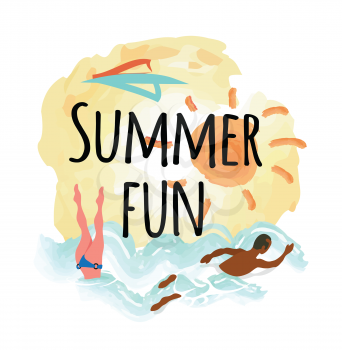 Summer fun emblem, woman diving, afro-american man swimming in blue water, sun and sea. Vector people on rest, summertime activities, butterfly swim