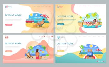 People working on beach, sitting on sand with laptop, distant work in summertime. Freelancers wearing swimsuit, job with wireless device vector. Website or webpage template, landing page flat style