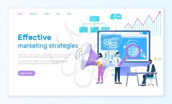 Effective marketing strategies online web page vector. Internet search and computer, magnifier and loudspeaker, market estimation and business promotion