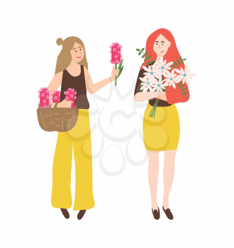 Girls with bouquets of flowers vector, isolated people looking at pink hyacinth and white daisy. Floral composition gathered in woven brown basket