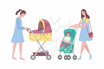 Happy mothers vector, woman with perambulators, kids sitting in pram flat style. Parent of boy sitting in carriage, lady walking with sleeping baby