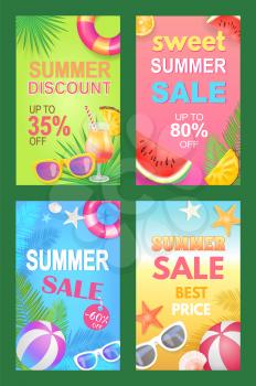 Summer discounts seasonal promotional posters set vector. Sunglasses accessories and inflatable rubber ball and lifebuoy. Starfish and shell seaside