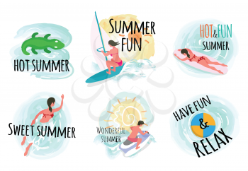 Summertime vacation vector, people on holidays flat style set. Crocodile and windsurfer, swimming person sunshine and surfboarding woman, seaside