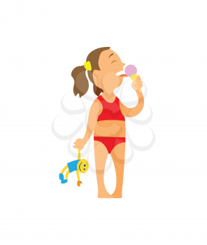 Small girl eating ice cream dessert vector, isolated person on beach enjoying food in summer. Kid holding puppy doll in hand, little person on vacation