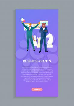 Business giants tiger and beer in boss suits isolated animals in human cloth. Vector hipsters, chess prans, diagrams, charts and statistical data. Website or webpage template, landing page flat style