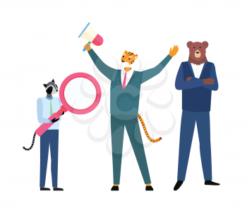 Hipster animals in suit, character with raccoon head holding magnifier, tiger rising hands with megaphone, person with bear face full length view vector