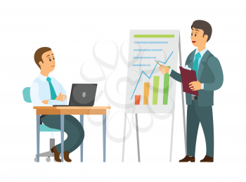 Business seminar vector, explanation of plan on whiteboard. Boss with infographics, worker with laptop noting given fresh ideas, solution for company
