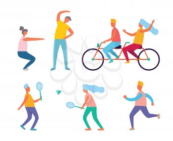 Healthy lifestyle, fitness and outdoor activity vector. Morning exercise and riding bicycle, badminton and jogging, men and women in sportswear, sport