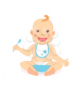 Happy infant baby boy eats itself isolated. Vector toddler in bib and diaper with spoon and bowl of porridge, 6 to 12 month milestones of newborn kid