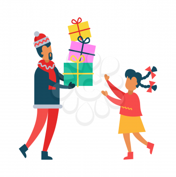 Father dressed in warm clothes, giving presents to his excited and happy daughter with haircut, vector illustration isolated on white background